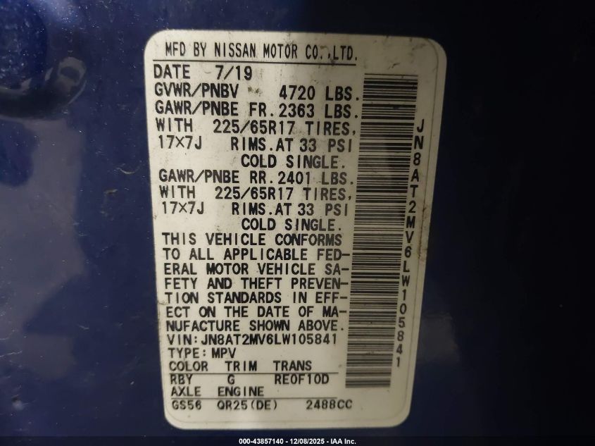 2020 Nissan Rogue Sv Intelligent Awd VIN: JN8AT2MV6LW105841 Lot: 43857140