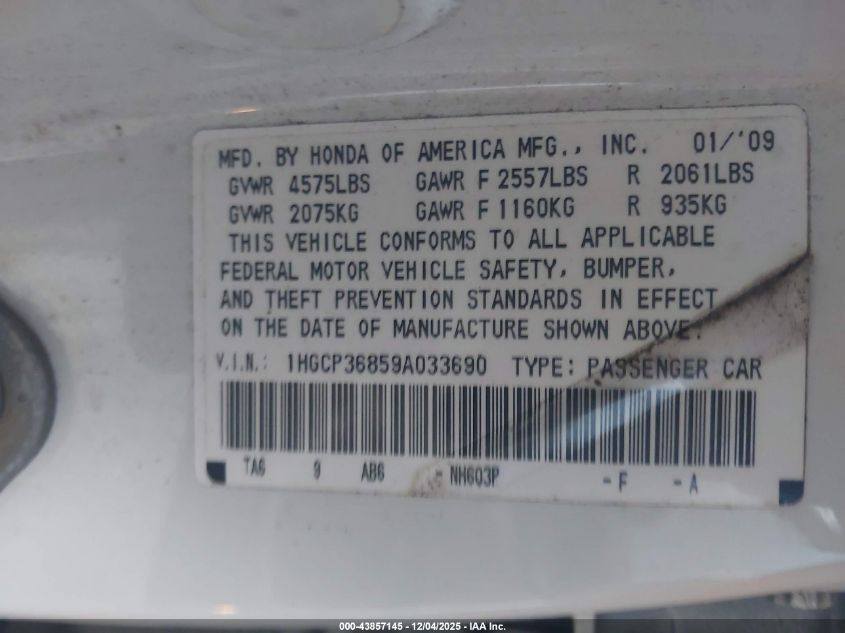 2009 Honda Accord 3.5 Ex-L VIN: 1HGCP36859A033690 Lot: 43857145