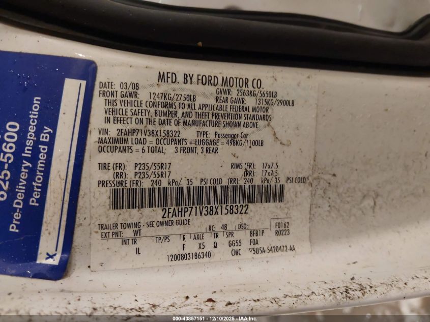 2008 Ford Crown Victoria Police/Police Interceptor VIN: 2FAHP71V38X158322 Lot: 43857151