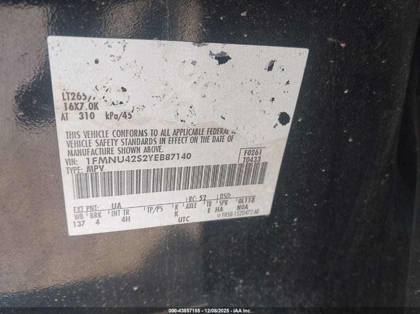 2000 Ford Excursion Limited VIN: 1FMNU42S2YEB87140 Lot: 43857155