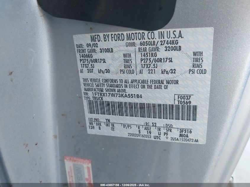 2003 Ford F-150 Lariat/Xl/Xlt VIN: 1FTRX17W73KA55184 Lot: 43857156