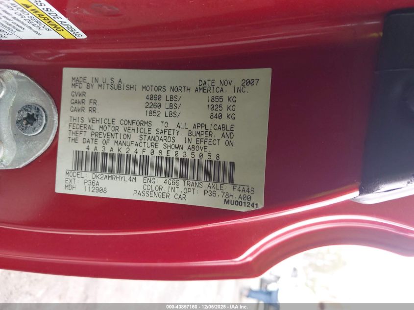 2008 Mitsubishi Eclipse Gs VIN: 4A3AK24F08E035058 Lot: 43857160