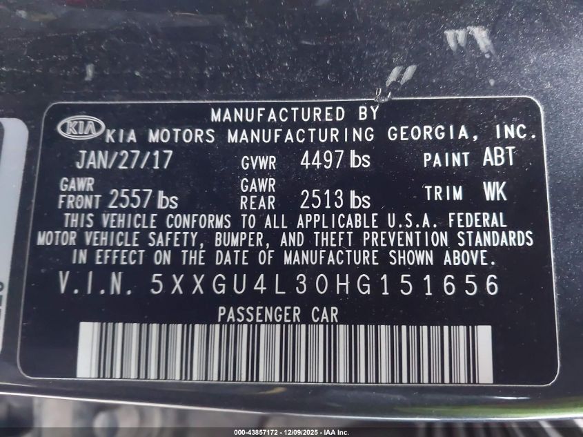 2017 Kia Optima Ex VIN: 5XXGU4L30HG151656 Lot: 43857172