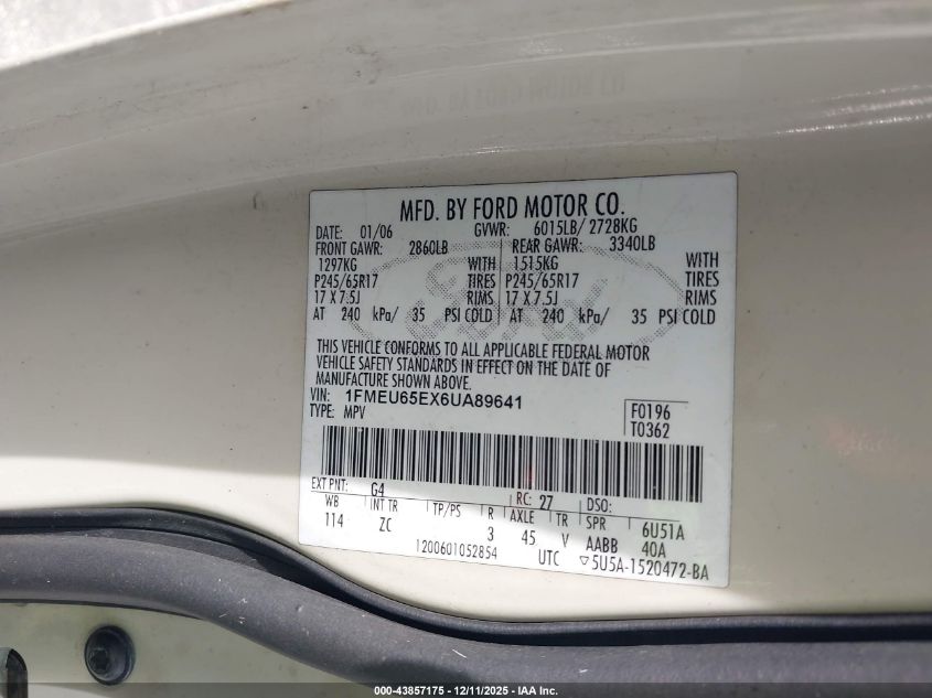 2006 Ford Explorer Limited VIN: 1FMEU65EX6UA89641 Lot: 43857175