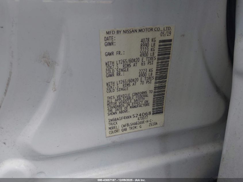 2019 Nissan Titan Xd Sv Diesel VIN: 1N6BA1F4XKN524068 Lot: 43857187