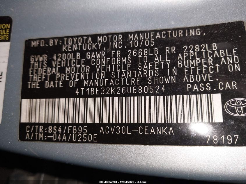 2006 Toyota Camry Le VIN: 4T1BE32K26U680524 Lot: 43857204
