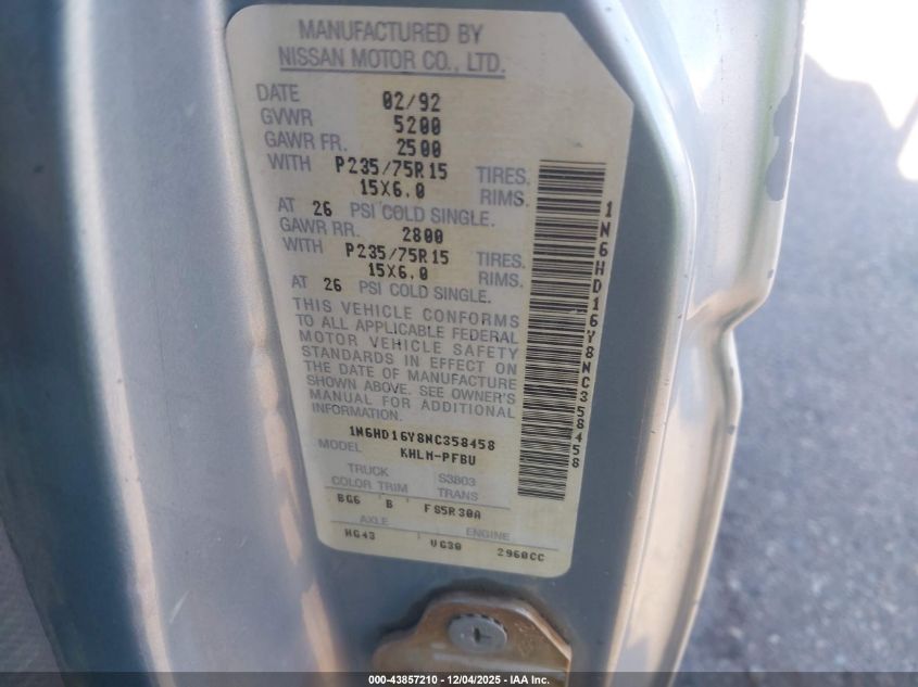 1992 Nissan Truck King Cab Se VIN: 1N6HD16Y8NC358458 Lot: 43857210