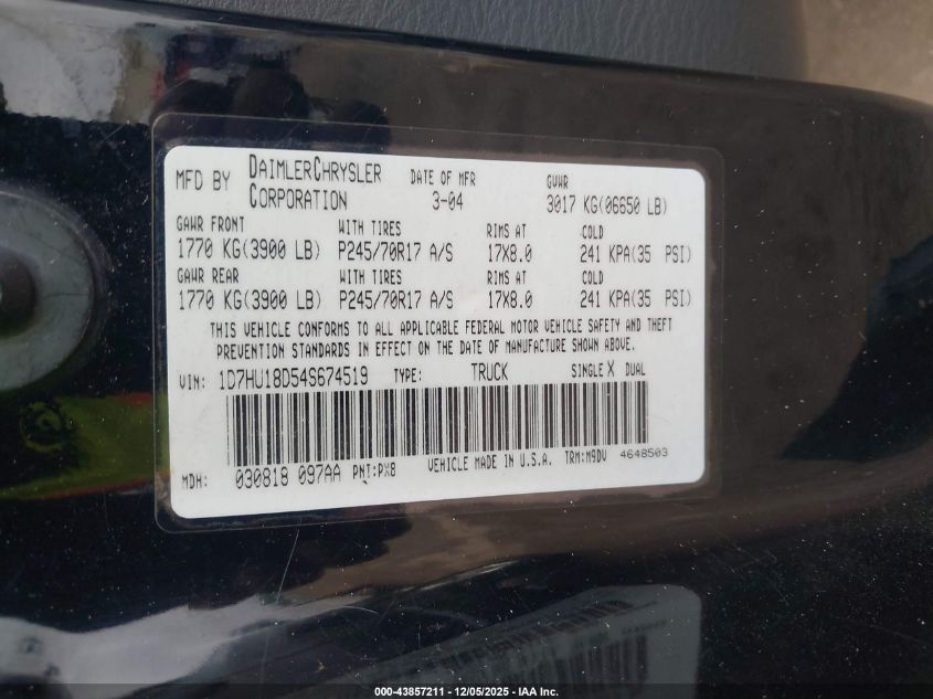 2004 Dodge Ram 1500 Slt/Laramie VIN: 1D7HU18D54S674519 Lot: 43857211