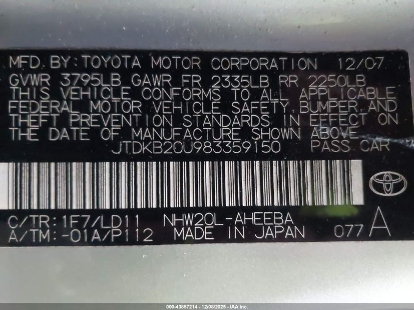 2008 Toyota Prius Touring VIN: JTDKB20U983359150 Lot: 43857214