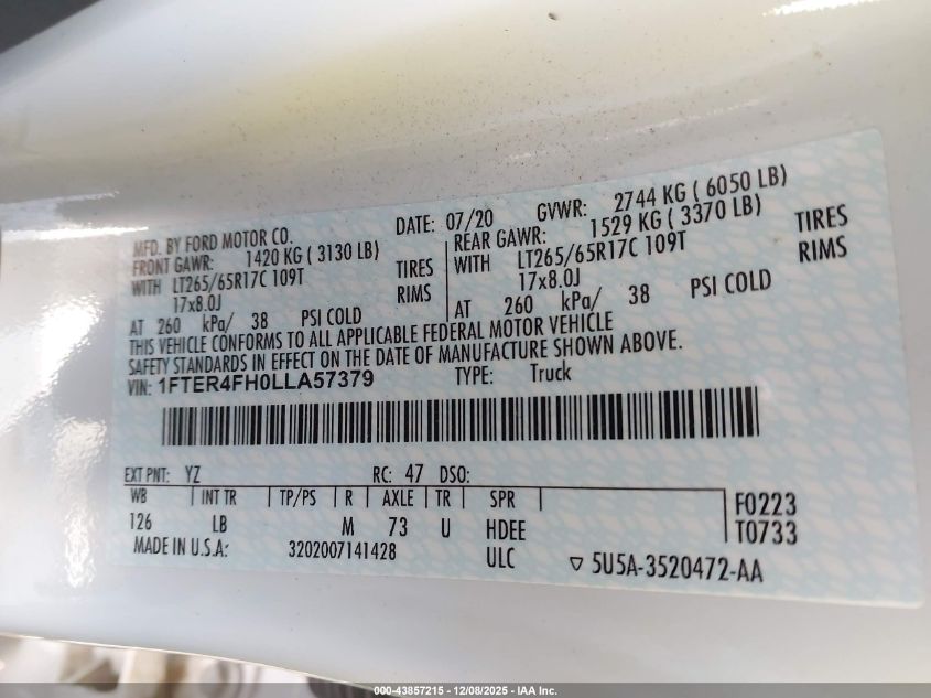 2020 Ford Ranger Xlt VIN: 1FTER4FH0LLA57379 Lot: 43857215