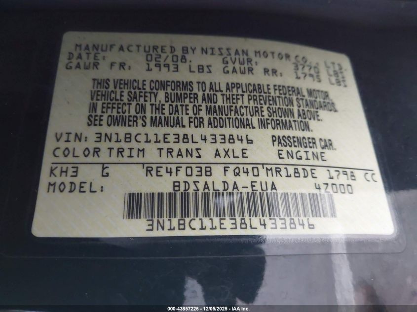 2008 Nissan Versa 1.8S VIN: 3N1BC11E38L433846 Lot: 43857226