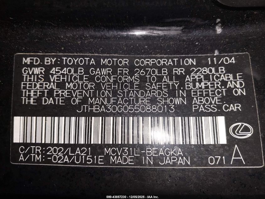 2005 Lexus Es 330 VIN: JTHBA30G055088013 Lot: 43857230