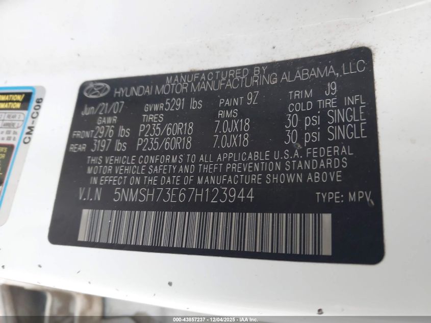 2007 Hyundai Santa Fe Limited/Se VIN: 5NMSH73E67H123944 Lot: 43857237