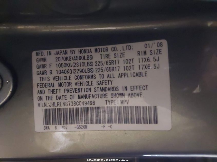 2008 Honda Cr-V Ex-L VIN: JHLRE48738C049496 Lot: 43857239