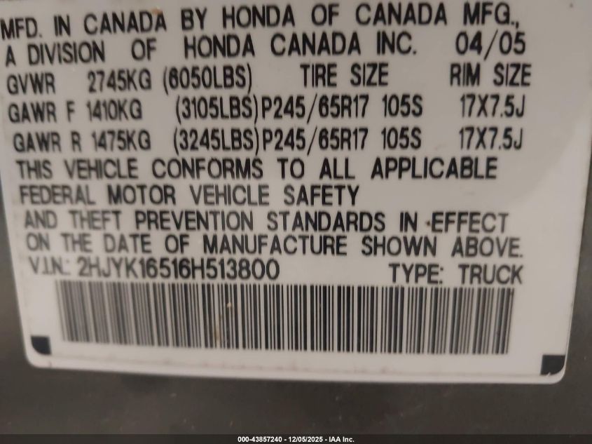 2006 Honda Ridgeline Rtl VIN: 2HJYK16516H513800 Lot: 43857240