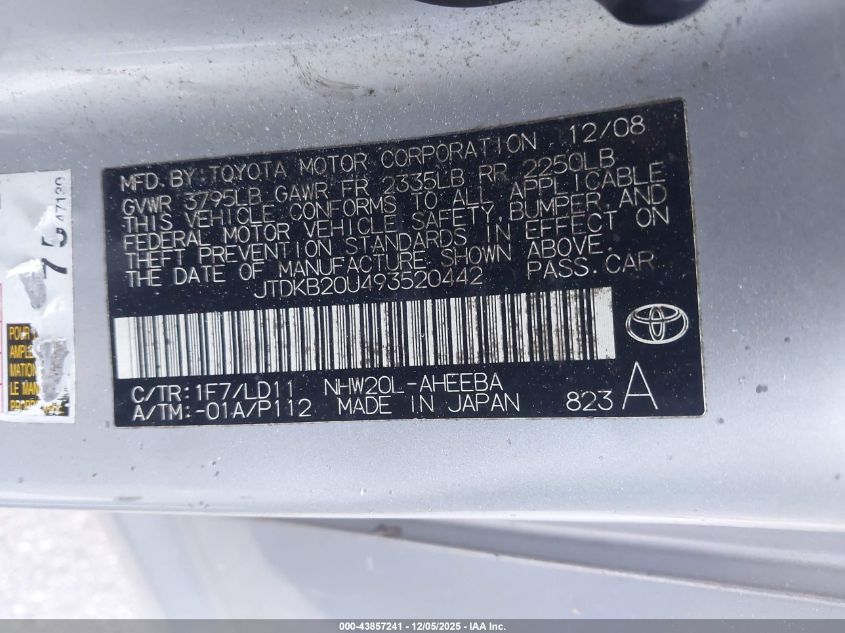 2009 Toyota Prius VIN: JTDKB20U493520442 Lot: 43857241