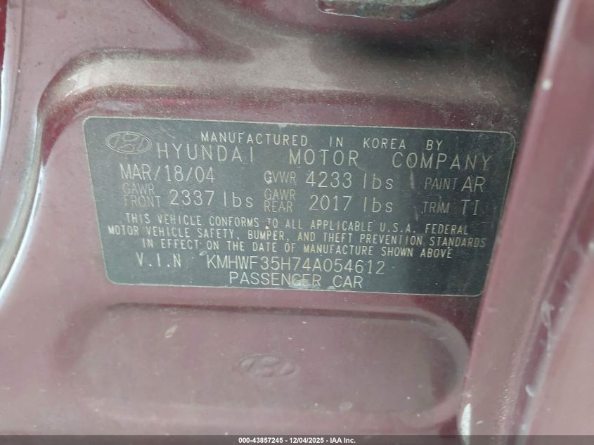 2004 Hyundai Sonata Gls/Lx VIN: KMHWF35H74A054612 Lot: 43857245