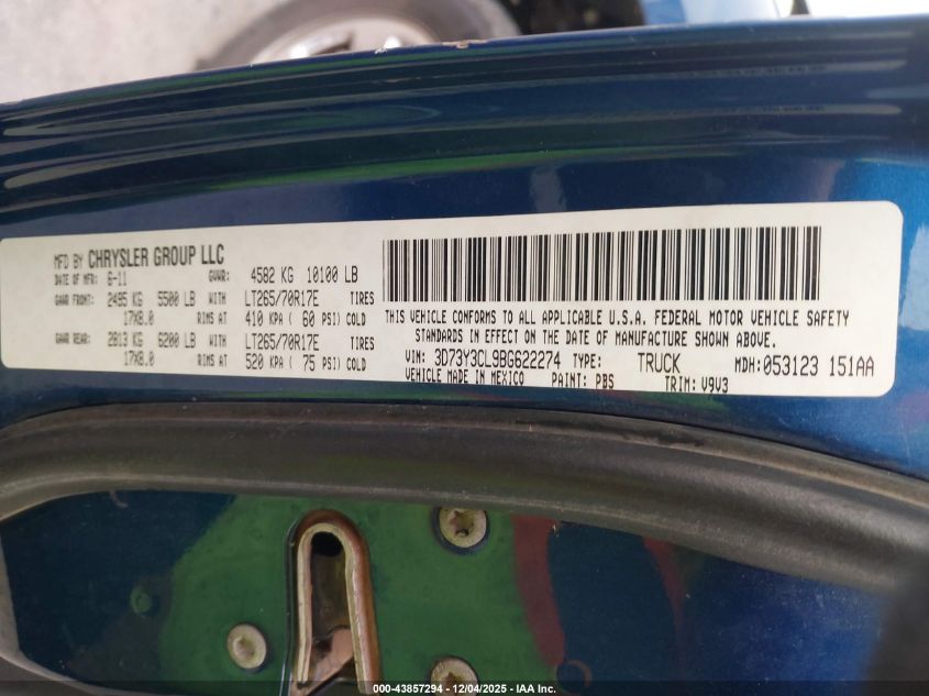 2011 Ram Ram 3500 St VIN: 3D73Y3CL9BG622274 Lot: 43857294