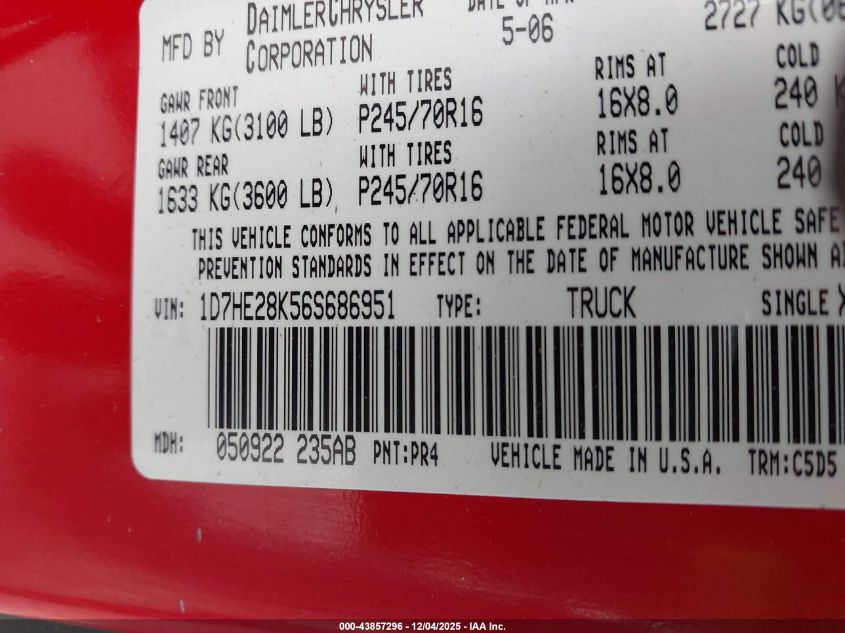 2006 Dodge Dakota St VIN: 1D7HE28K56S686951 Lot: 43857296