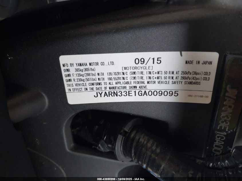 2016 Yamaha Fz09 VIN: JYARN33E1GA009095 Lot: 43857298
