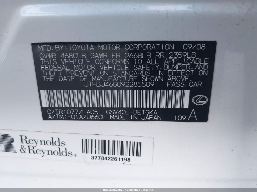 2009 Lexus Es 350 VIN: JTHBJ46G092285509 Lot: 43857302