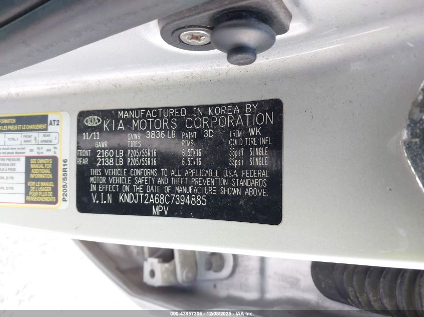 2012 Kia Soul + VIN: KNDJT2A68C7394885 Lot: 43857306