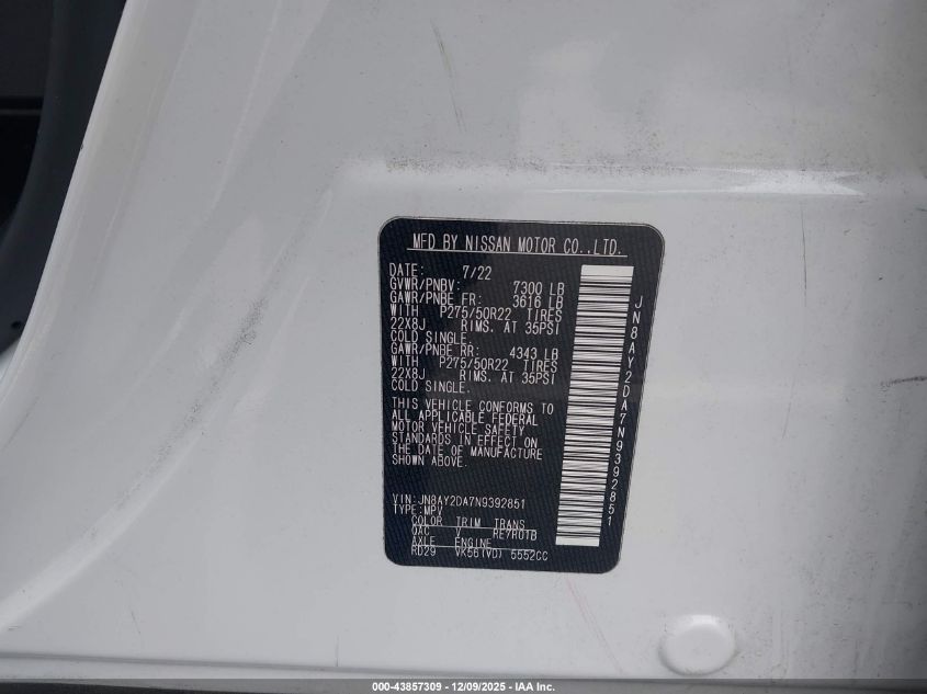 2022 Nissan Armada Platinum 2Wd VIN: JN8AY2DA7N9392851 Lot: 43857309