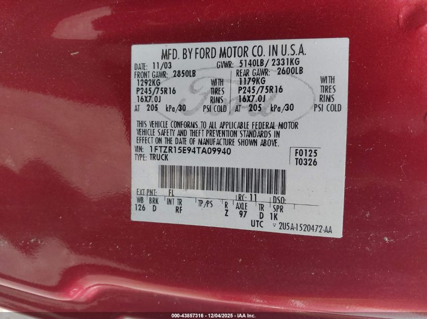 2004 Ford Ranger Xlt VIN: 1FTZR15E94TA09940 Lot: 43857316