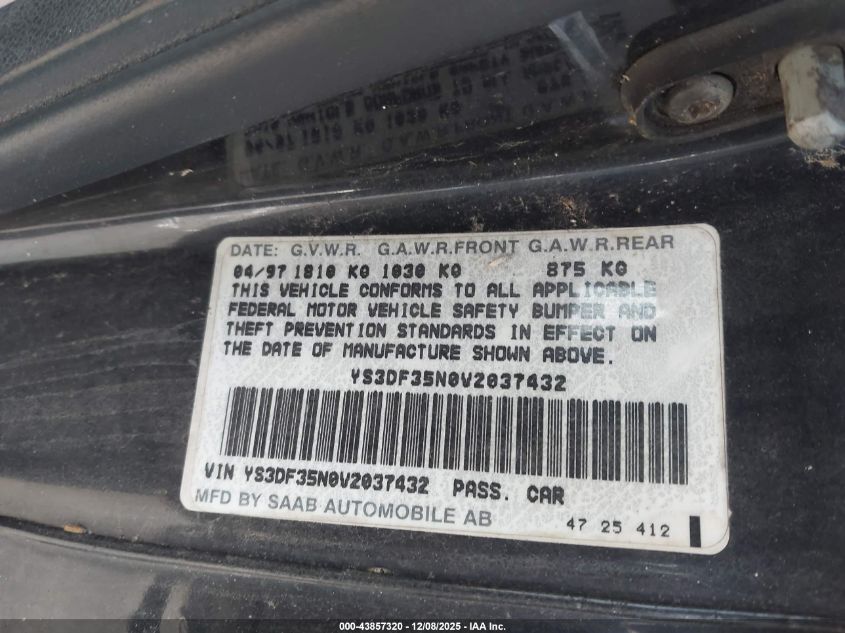 1997 Saab 900 Se VIN: YS3DF35N0V2037432 Lot: 43857320