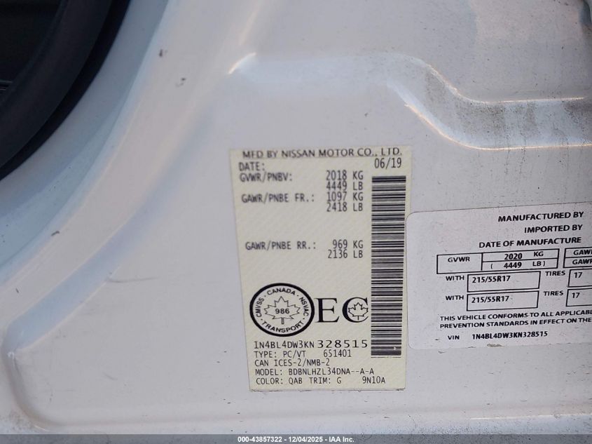 2019 Nissan Altima 2.5 Sv VIN: 1N4BL4DW3KN328515 Lot: 43857322