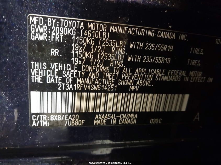 2025 Toyota Rav4 Xle Premium VIN: 2T3A1RFV4SW614251 Lot: 43857326