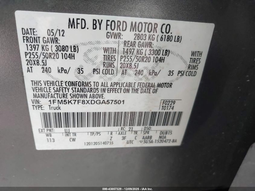 2013 Ford Explorer Limited VIN: 1FM5K7F8XDGA57501 Lot: 43857329