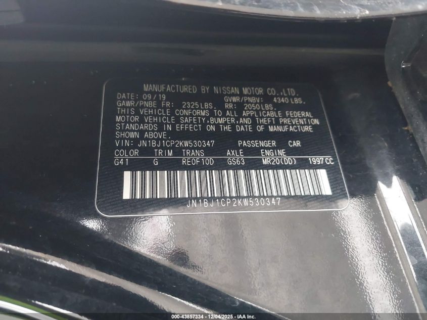 2019 Nissan Rogue Sport Sv VIN: JN1BJ1CP2KW530347 Lot: 43857334