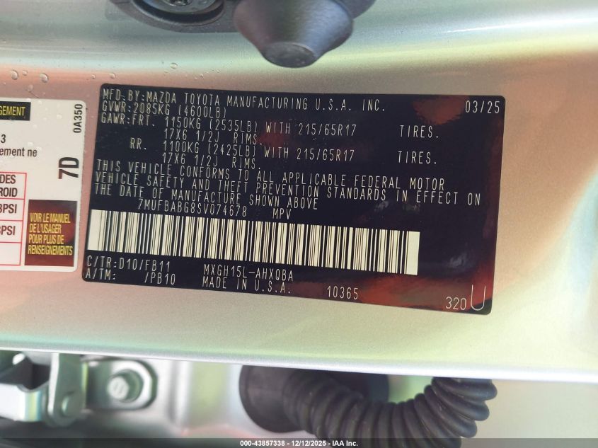 2025 Toyota Corolla Cross Hybrid S VIN: 7MUFBABG8SV074678 Lot: 43857338