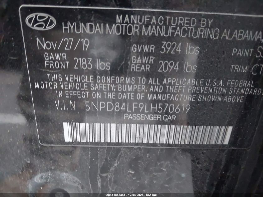 2020 Hyundai Elantra Sel VIN: 5NPD84LF9LH570619 Lot: 43857341