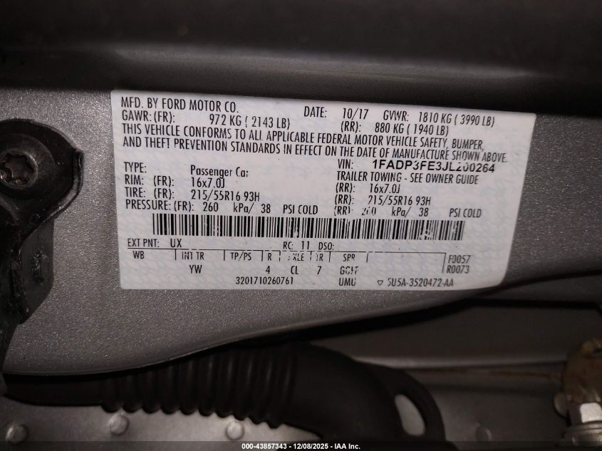 2018 Ford Focus Se VIN: 1FADP3FE3JL200264 Lot: 43857343