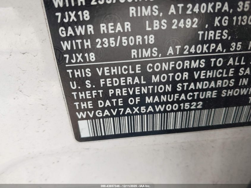 2010 Volkswagen Tiguan Se VIN: WVGAV7AX5AW001522 Lot: 43857346