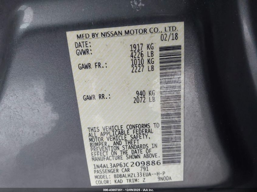 2018 Nissan Altima 2.5 Sr VIN: 1N4AL3AP6JC209886 Lot: 43857351