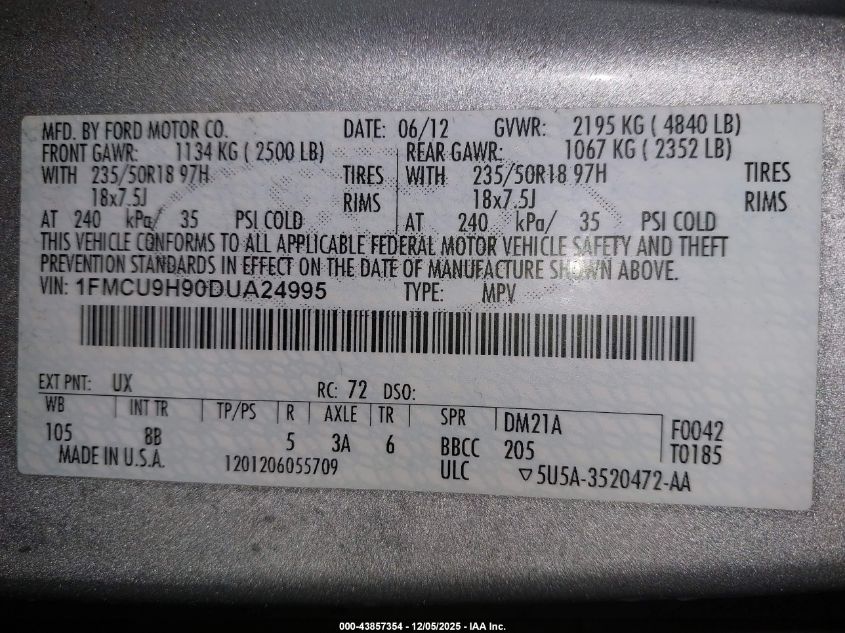 2013 Ford Escape Sel VIN: 1FMCU9H90DUA24995 Lot: 43857354