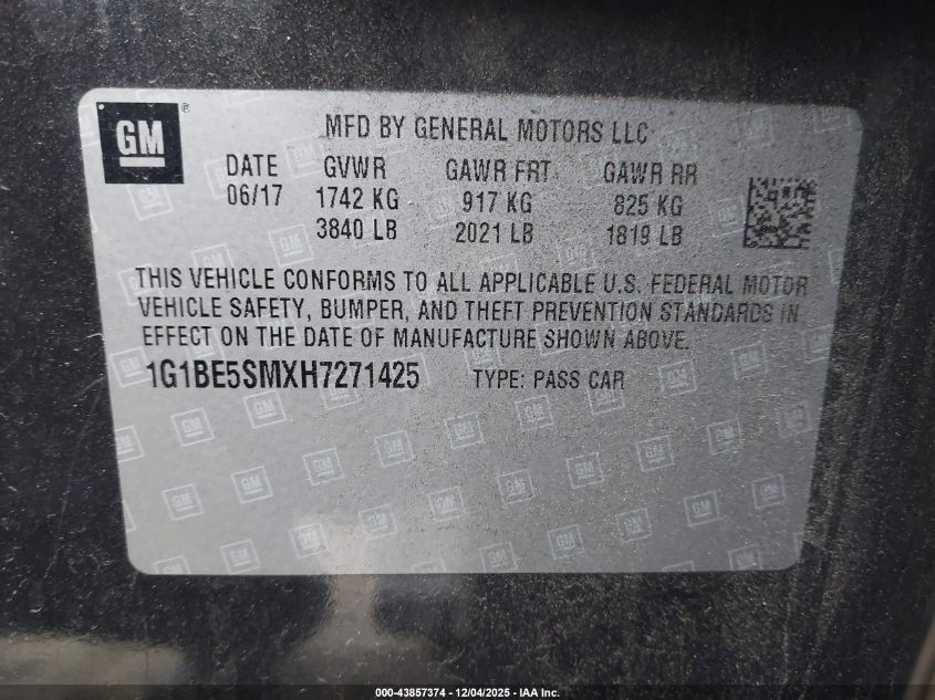 2017 Chevrolet Cruze Lt Auto VIN: 1G1BE5SMXH7271425 Lot: 43857374