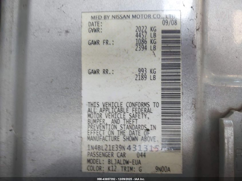 2009 Nissan Altima 3.5 Se VIN: 1N4BL21E39N431315 Lot: 43857392