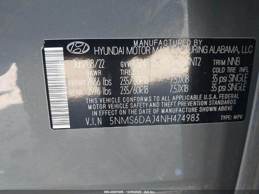 2022 Hyundai Santa Fe Xrt VIN: 5NMS6DAJ4NH474983 Lot: 43857408