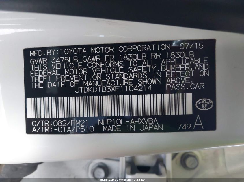 2015 Toyota Prius C Two VIN: JTDKDTB3XF1104214 Lot: 43857412