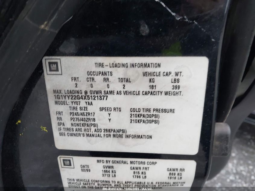 1999 Chevrolet Corvette VIN: 1G1YY22G4X5121377 Lot: 43857424