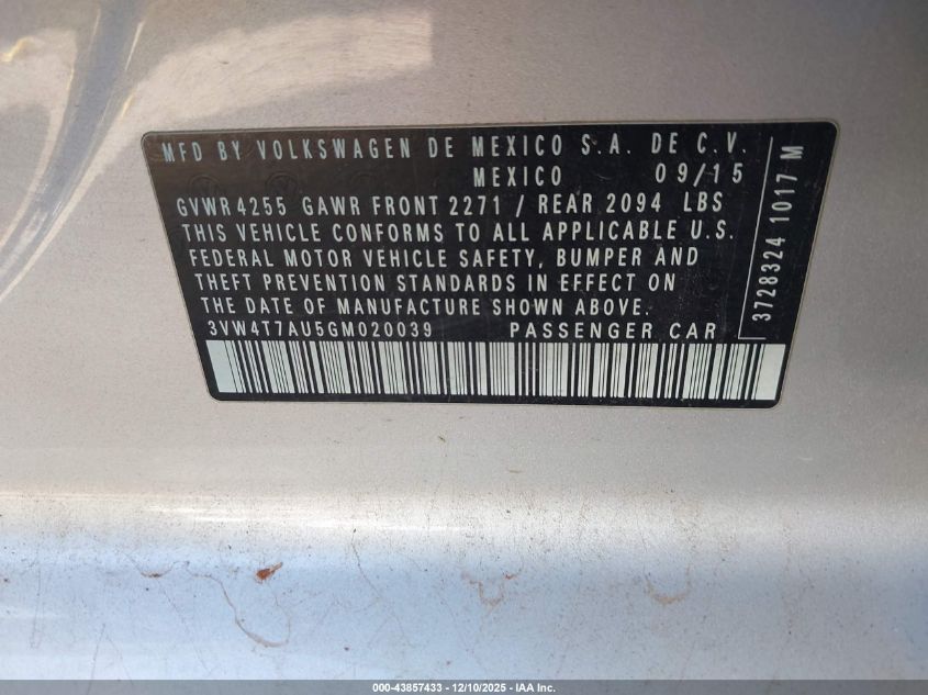 2016 Volkswagen Golf Gti S 4-Door VIN: 3VW4T7AU5GM020039 Lot: 43857433