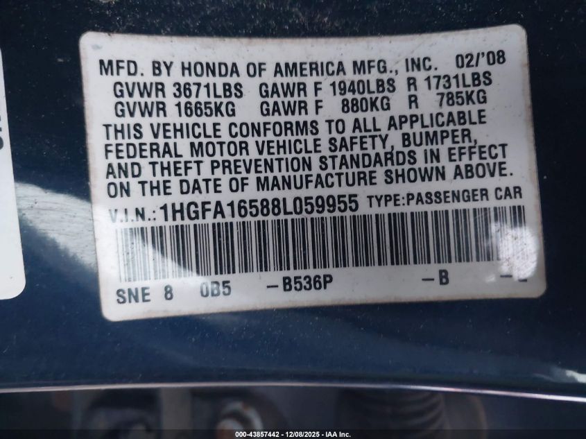 2008 Honda Civic Lx VIN: 1HGFA16588L059955 Lot: 43857442