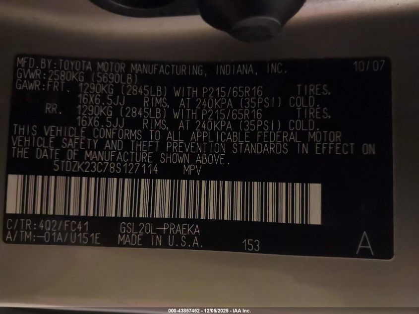 2008 Toyota Sienna Le VIN: 5TDZK23C78S127114 Lot: 43857452