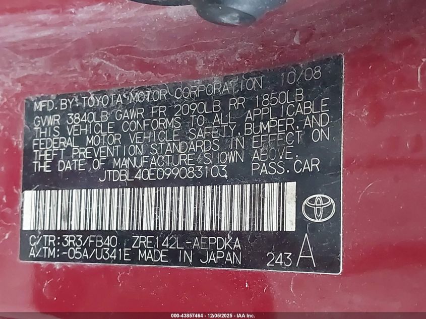 2009 Toyota Corolla Le VIN: JTDBL40E099083103 Lot: 43857464