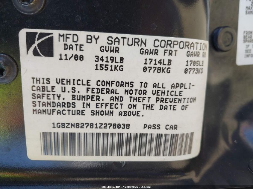 2001 Saturn Sw2 VIN: 1G8ZN82781Z27H038 Lot: 43857481