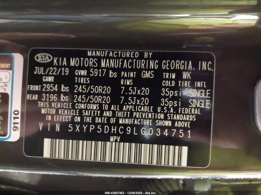 2020 Kia Telluride Sx VIN: 5XYP5DHC9LG034751 Lot: 43857482